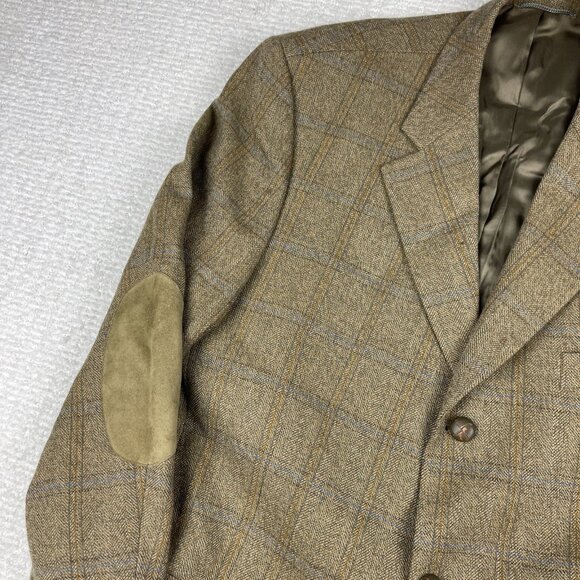 VTG ROY ROBSON Germany Made elbow patches Wool Blazer Plaid Golden Brown Read* - Picture 3 of 16